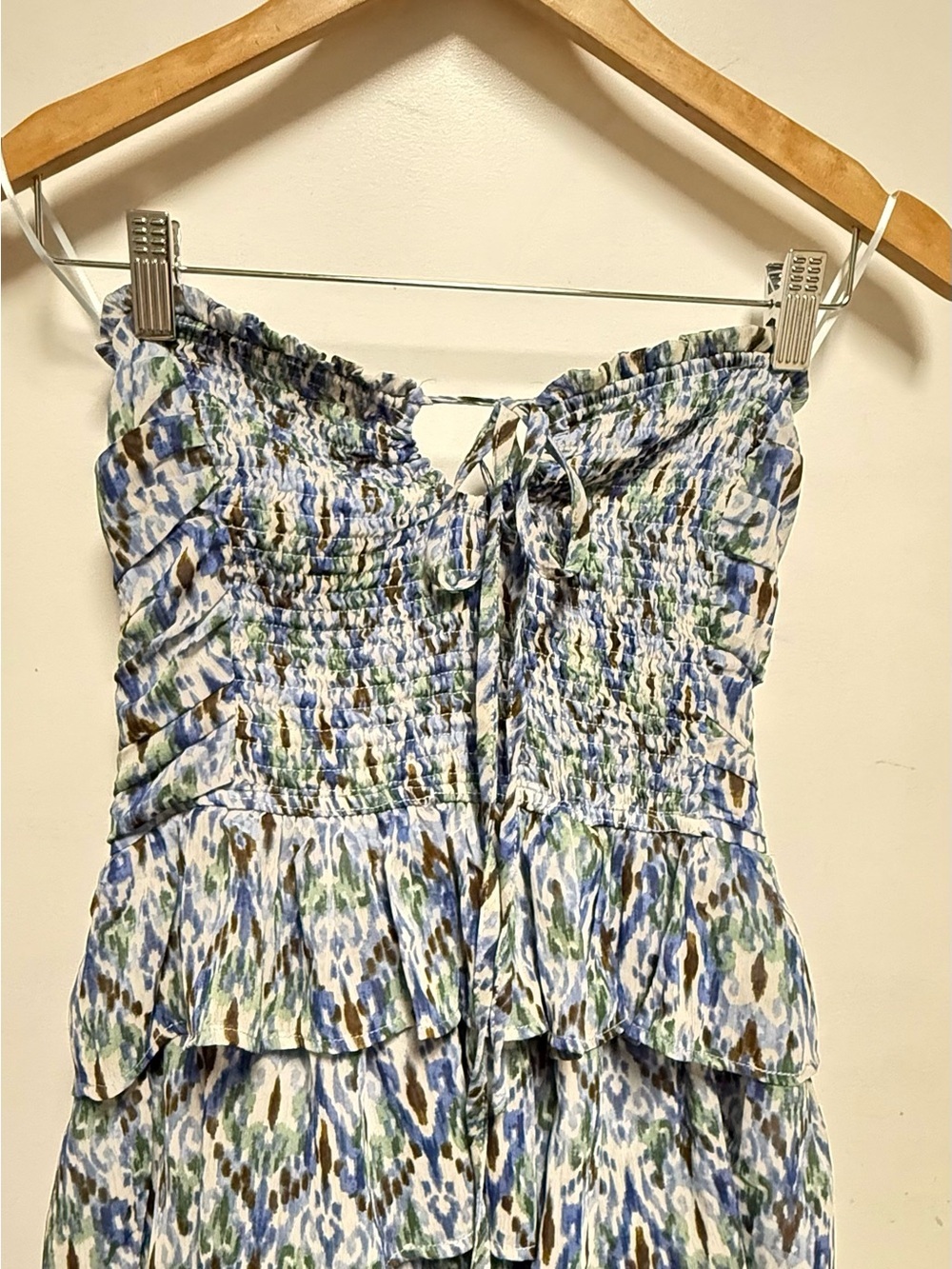 Strapless Tiered Maxi Dress in Blue and Green Ikat - Picture 2 of 7